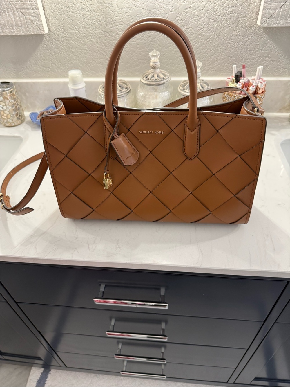 Michael Kors Woven Satchel in Cognac Brown with Gold Accent - Picture 6 of 9